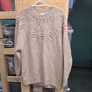 MNG Size M Tan Crew Neck Chunky Knit Tunic Length Sweater